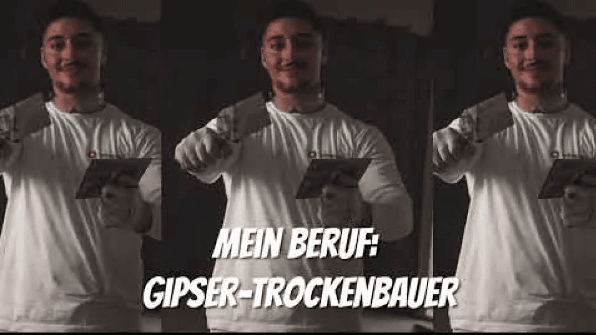 Ein Mann mit weißem Hemd hält ein Verputzwerkzeug und lächelt. Der deutsche Text auf dem Bild lautet: MEIN BERUF: GIPSER-TROCKENBAUER, was bedeutet: Mein Beruf: Stuckateur-Trockenbauer.