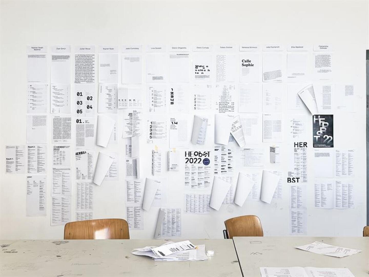 Eine weiße Wand, bedeckt mit vielen Blättern, teils flach, teils gefaltet, auf denen Texte und Grafiken zu sehen sind. Vor der Wand stehen vier Holzstühle und ein Tisch. Die Szene erinnert an ein Brainstorming oder eine Projektplanung.
