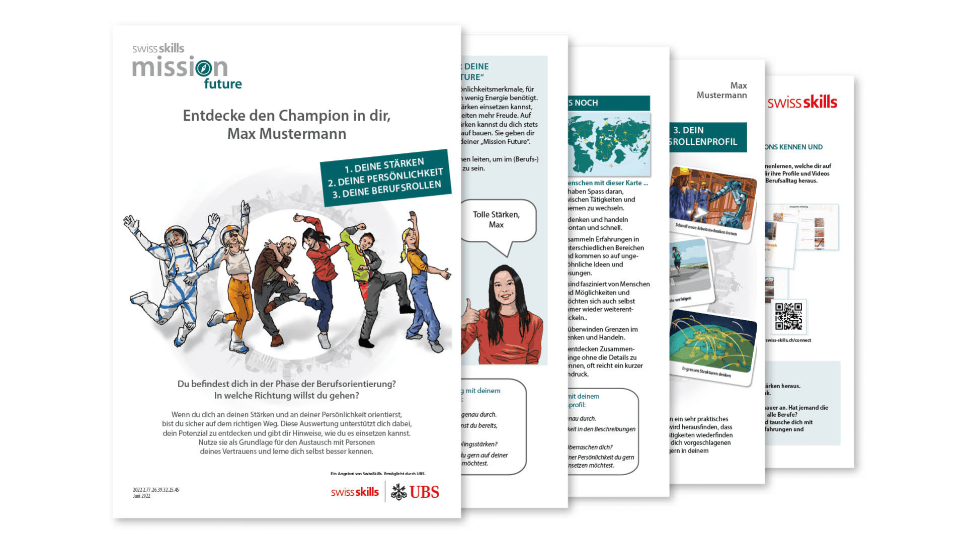 Fünf sich überschneidende Seiten einer Broschüre mit dem Titel swissSkills mission future zeigen Illustrationen von verschiedenen Berufsleuten, Texte, Grafiken und Fotos zur Berufsorientierung und zu persönlichen Stärken.