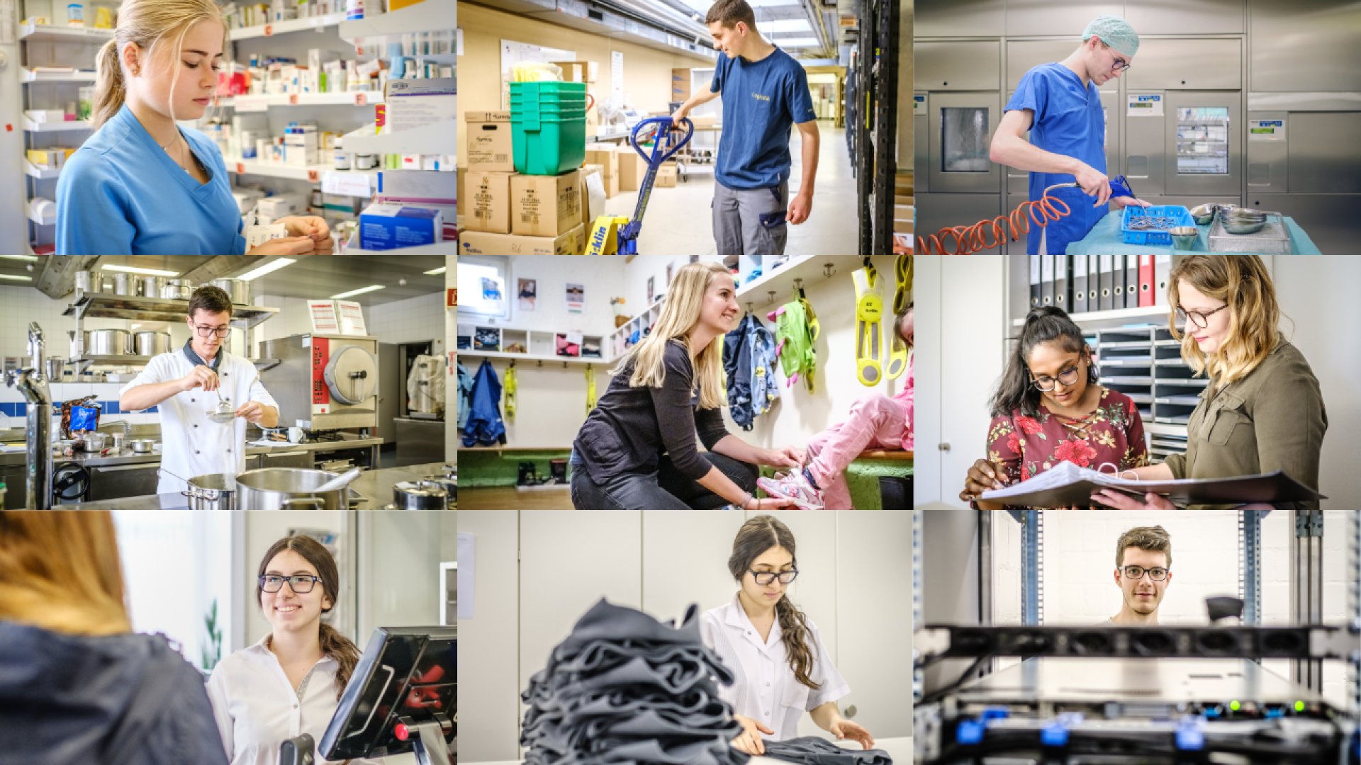 Eine Collage von Menschen, die in verschiedenen Berufen arbeiten, z. B. in der Gesundheitsfürsorge, im Labor, in der Reinigung, in der Küche, in der Wäscherei, im Einzelhandel, in der Lehre und an technischen Geräten, die alle an ihrem jeweiligen Arbeitsplatz tätig sind.
