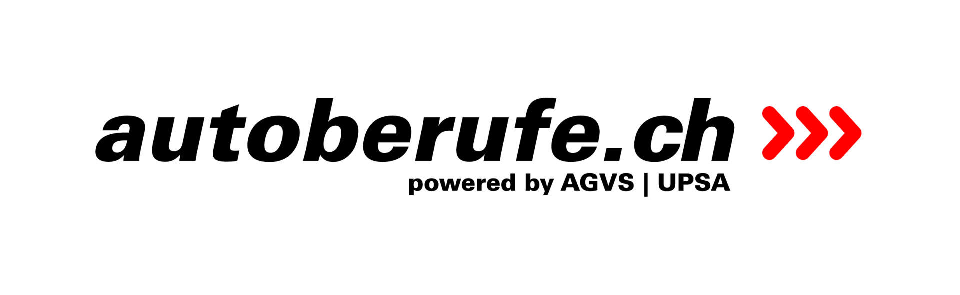 Logo mit dem Text autoberufe.ch powered by AGVS | UPSA in schwarz, gefolgt von drei roten Pfeilen, die nach rechts zeigen, auf weissem Hintergrund.