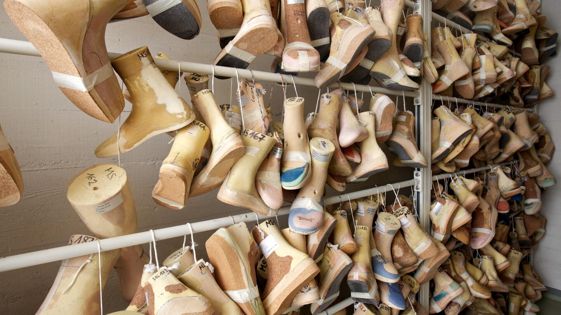 Zahlreiche Schuhleisten in verschiedenen Formen und Größen hängen in Regalen an der Wand, die für die Formgebung und Herstellung von Schuhen in einer Werkstatt oder Fabrik verwendet werden.