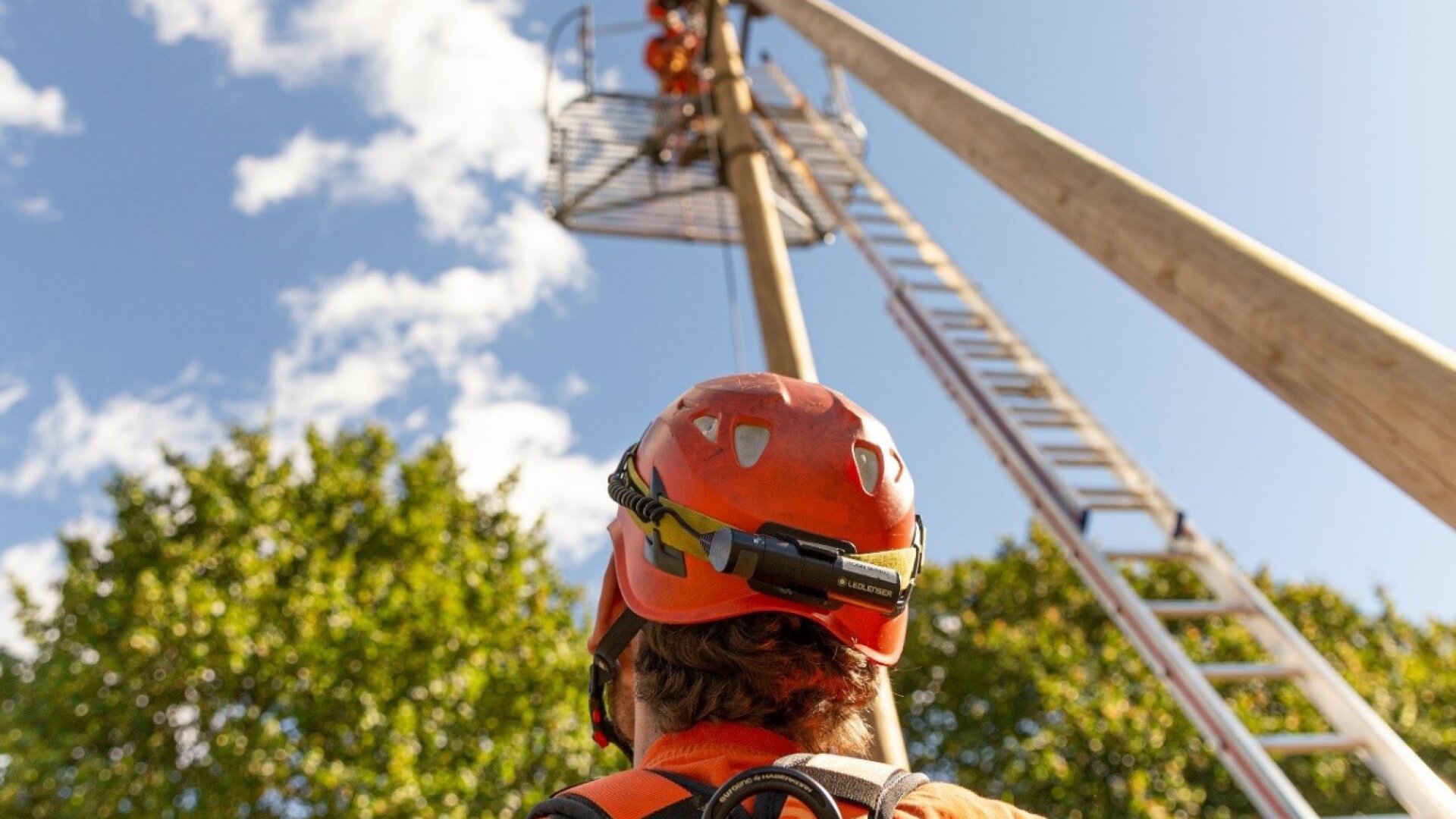 Eine Person in orangefarbener Schutzkleidung und mit Helm blickt auf einen hohen Strommast mit einer Leiter und einer Plattform, wo andere Arbeiter unter einem blauen Himmel mit Wolken und grünen Bäumen zu sehen sind.