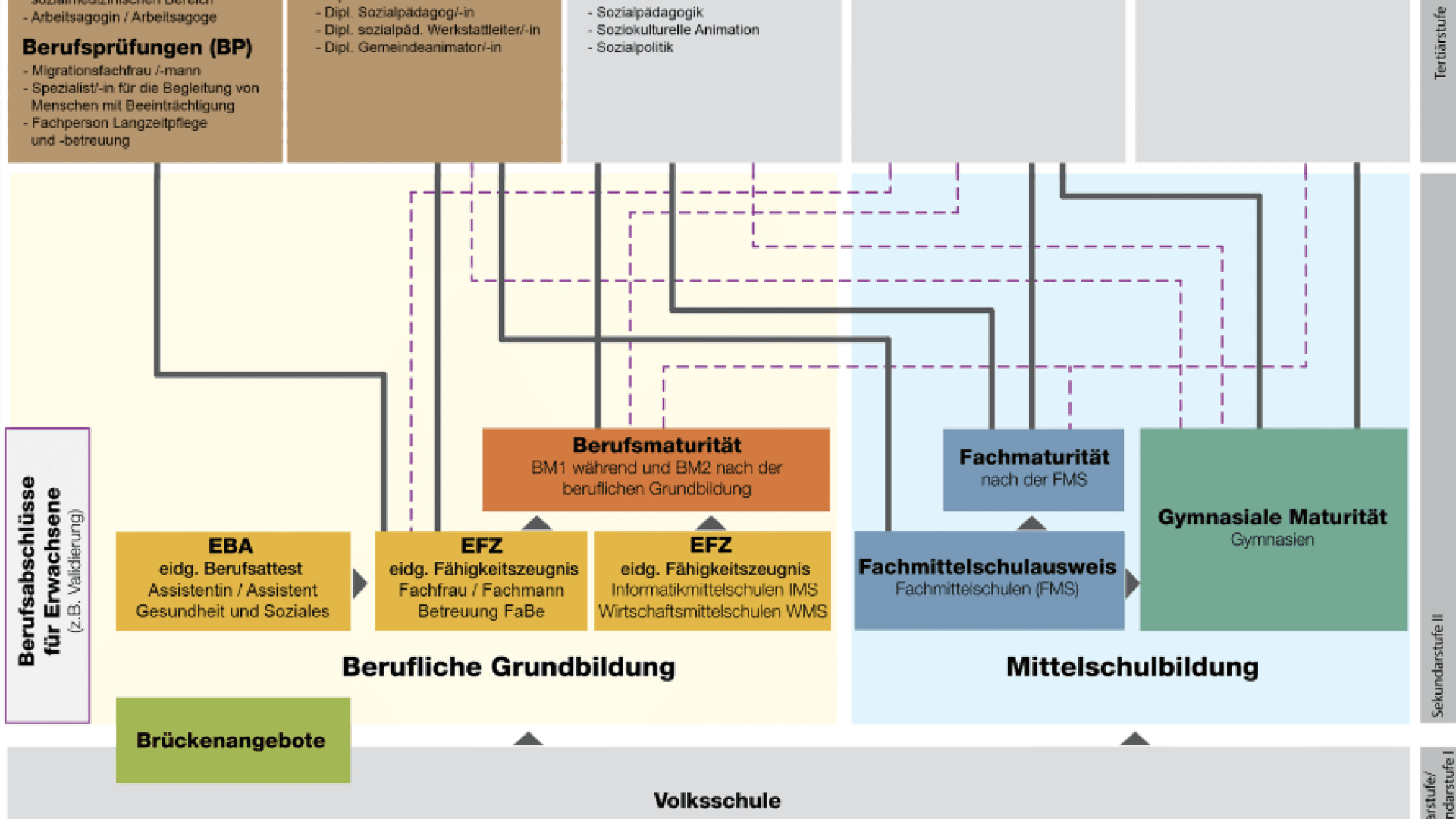 Ein Flussdiagramm in deutscher Sprache zeigt den Weg von der Primarschule über die berufliche und akademische Bildung in der Schweiz, einschließlich EBA, EFZ, Berufsmaturität, Fachmittelschule und Gymnasium, wobei Pfeile die Übergänge anzeigen.