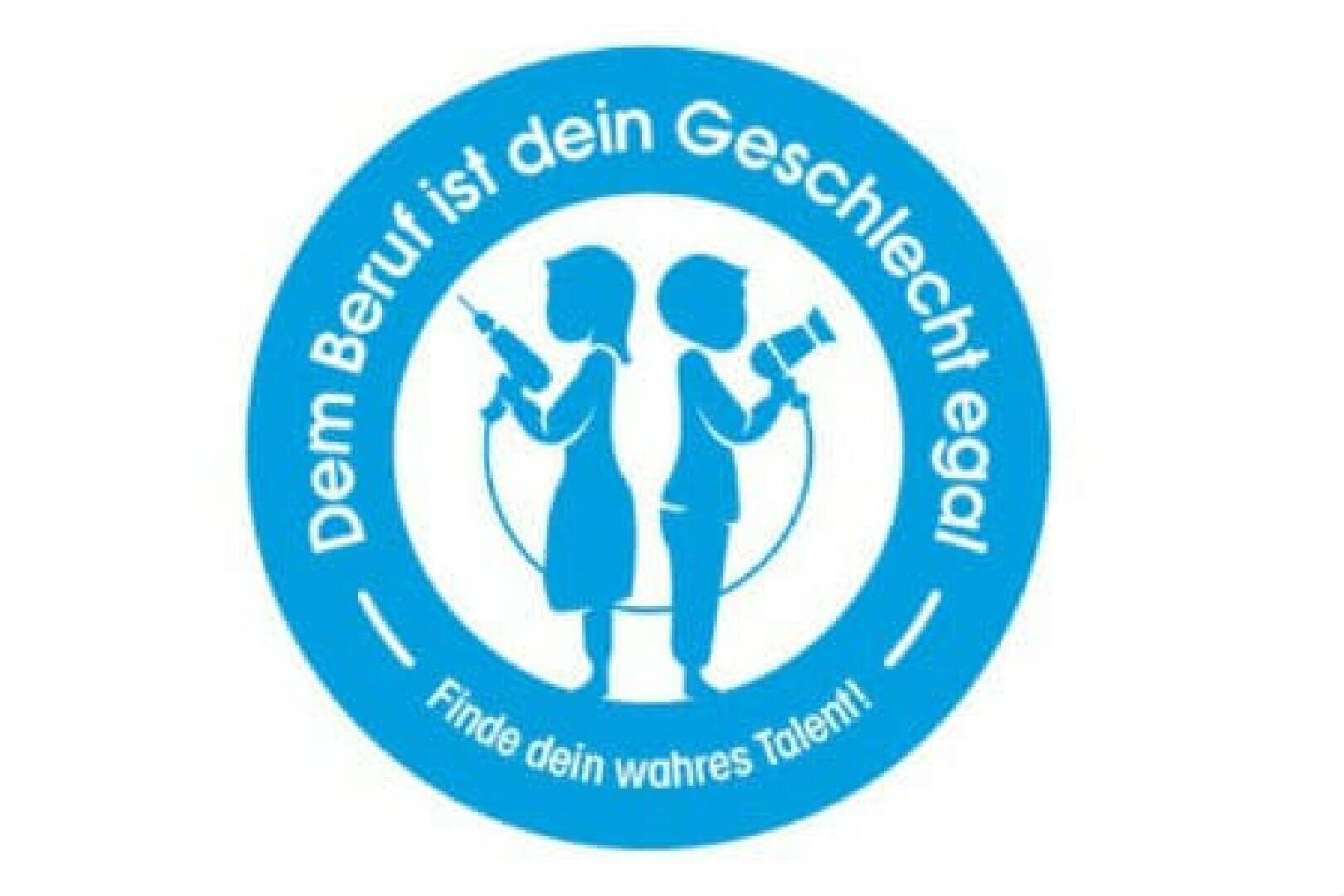 Ein blaues, kreisförmiges Logo zeigt einen Jungen und ein Mädchen Rücken an Rücken, die jeweils Werkzeuge für traditionell geschlechtsspezifische Tätigkeiten halten. Der Text auf Deutsch lautet: Dem Beruf ist dein Geschlecht egal. Finde dein wahres Talent!.
