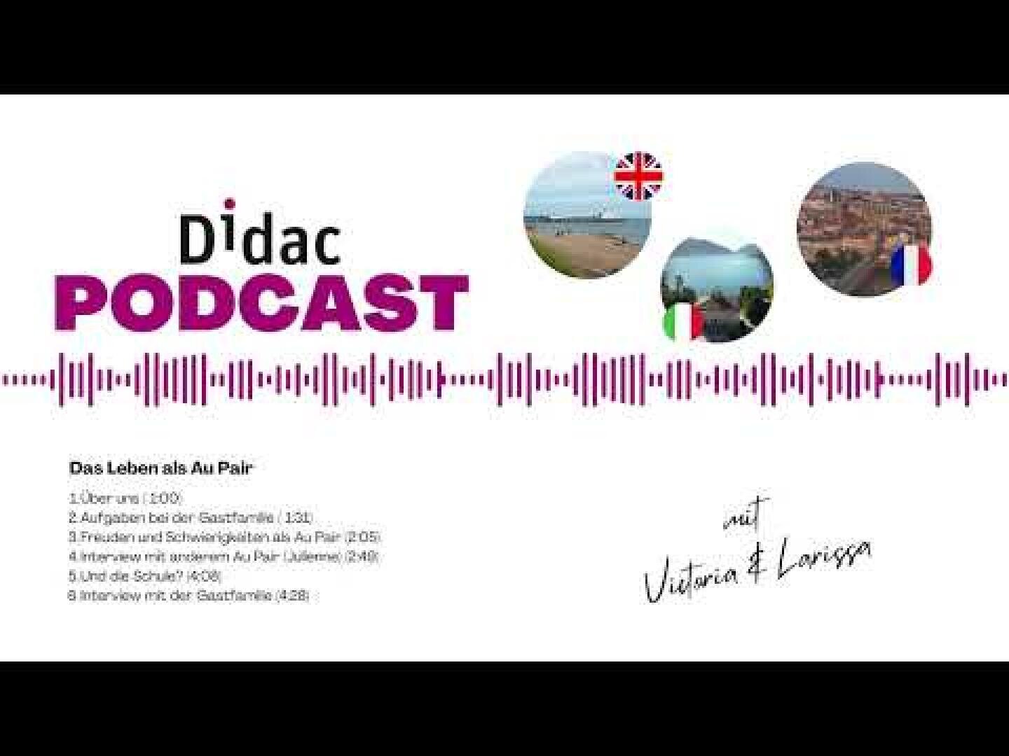 Podcast-Cover mit dem Titel Didac Podcast und Wellenformen. Drei runde Fotos zeigen einen Strand, eine Stadt und Berge, jeweils mit britischer, französischer und italienischer Flagge. Der Text listet die Podcast-Segmente auf Deutsch auf und nennt Viktoria & Larissa.