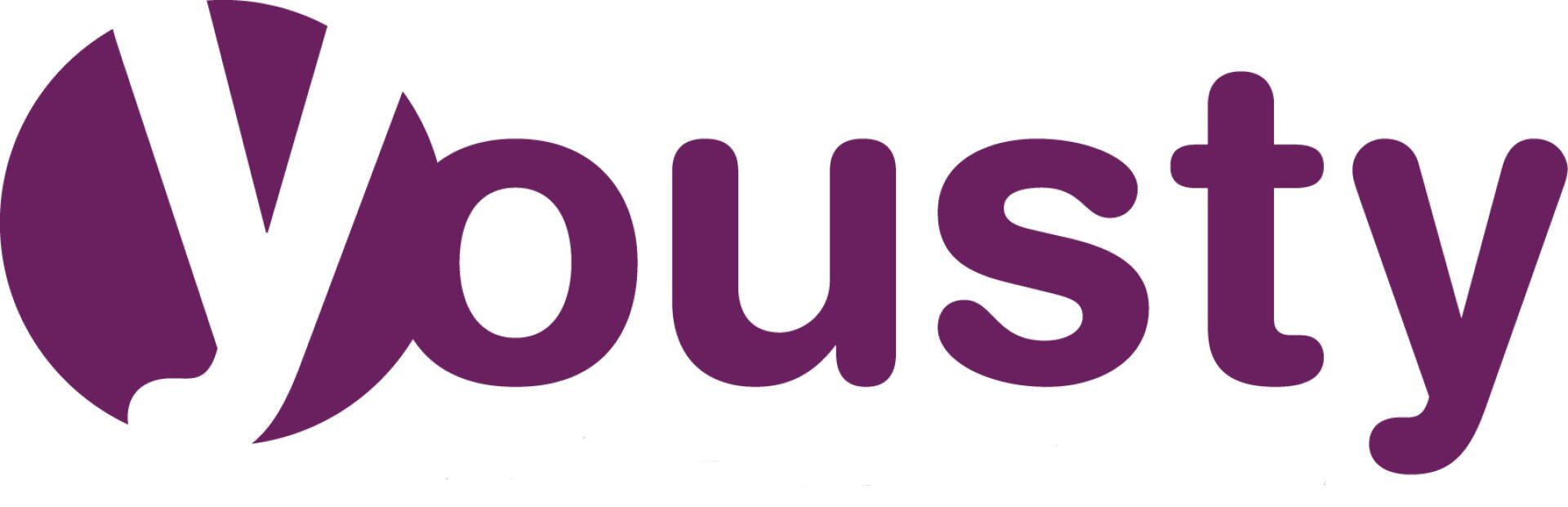 Das Bild zeigt das Wort busty in fetten, violetten Kleinbuchstaben. Der Buchstabe b ist stilisiert mit einer Profil-Silhouette eines Gesichts, das seine linke Seite bildet.