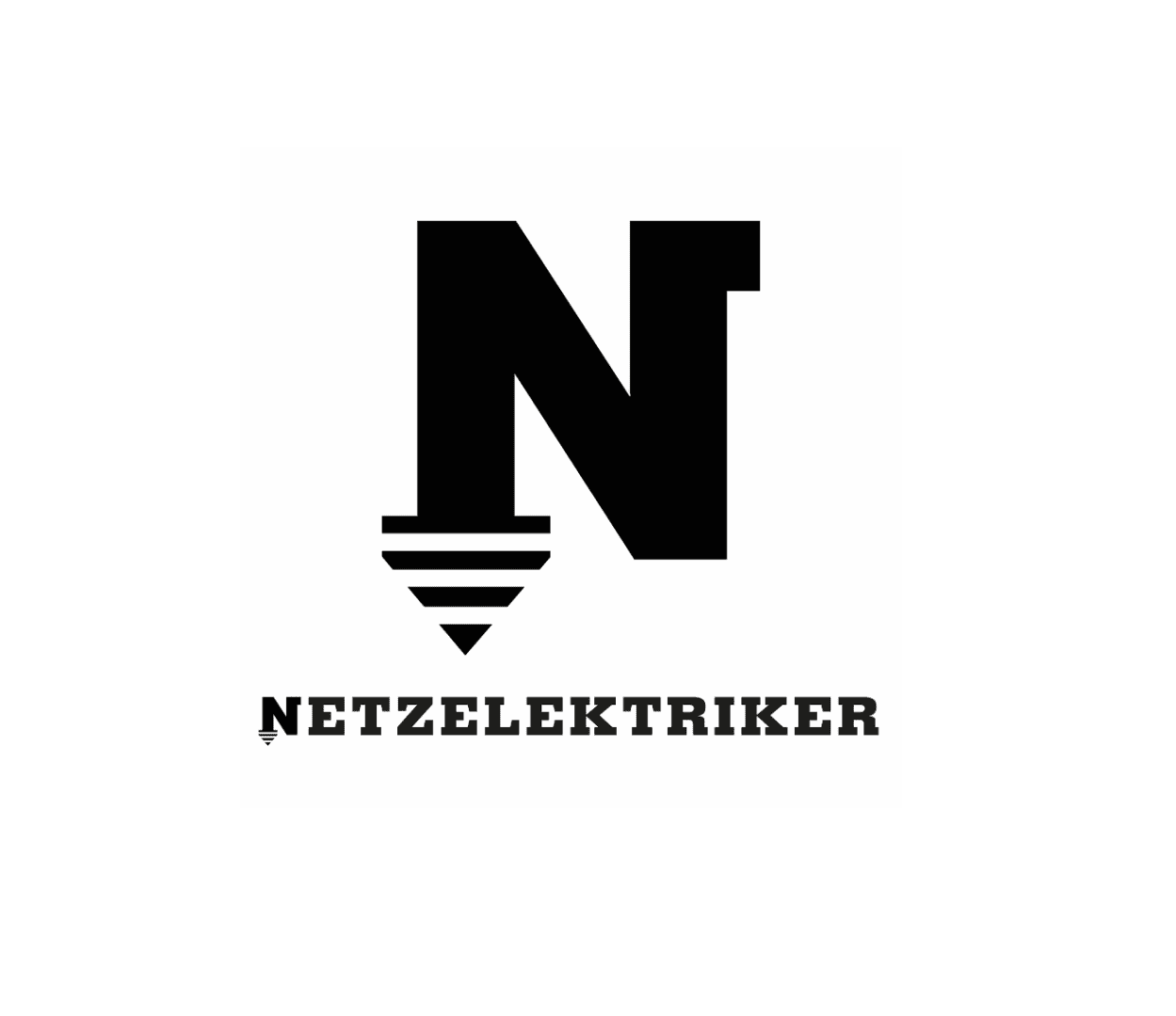 Großer schwarzer Buchstabe N mit einem Pfeil nach unten und drei horizontalen Linien darunter, die an ein elektrisches Symbol erinnern. Darunter erscheint das Wort NETZELEKTRIKER in fetten Großbuchstaben.