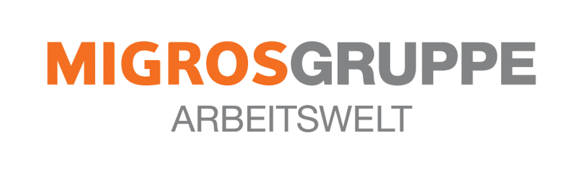 Logo mit dem Schriftzug MIGROS GRUPPE in Fettdruck, mit MIGROS in Orange und GRUPPE in Grau, darüber das Wort ARBEITSWELT in grauen Großbuchstaben.