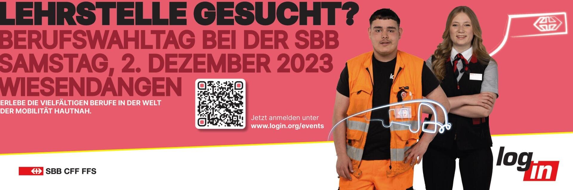 Zwei junge SBB-Mitarbeiter, einer in orangefarbener Arbeitsuniform und einer in grauem Service-Outfit, stehen nebeneinander. Ein grosser deutscher Text wirbt für einen Lehrlingsanlass am 2. Dezember 2023 in Wiesendangen mit einem QR-Code für weitere Infos.