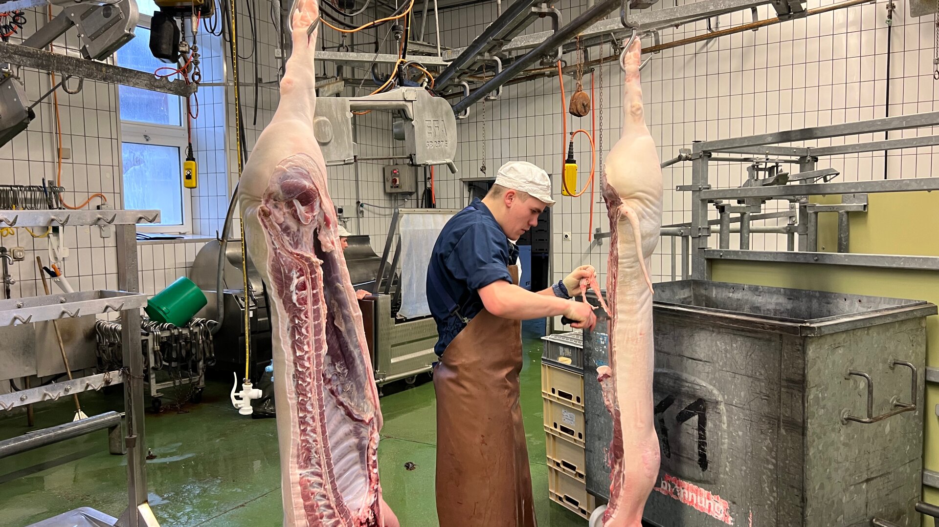 Ein Metzger mit brauner Schürze und weißer Mütze arbeitet an einem hängenden Schweineschlachtkörper in einem industriellen Fleischverarbeitungsbetrieb, im Hintergrund sind Geräte und gekachelte Wände zu sehen.
