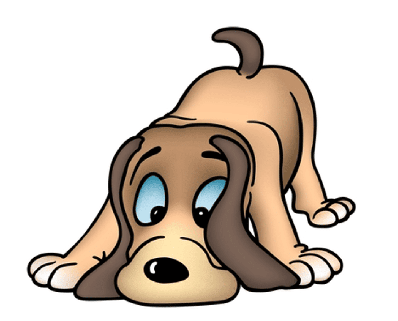 Ein brauner Cartoon-Hund mit Schlappohren hockt spielerisch mit nach vorne gestreckten Vorderbeinen, erhobenem Hinterteil und eingerolltem Schwanz und schaut mit großen blauen Augen und einem neugierigen Blick nach oben.
