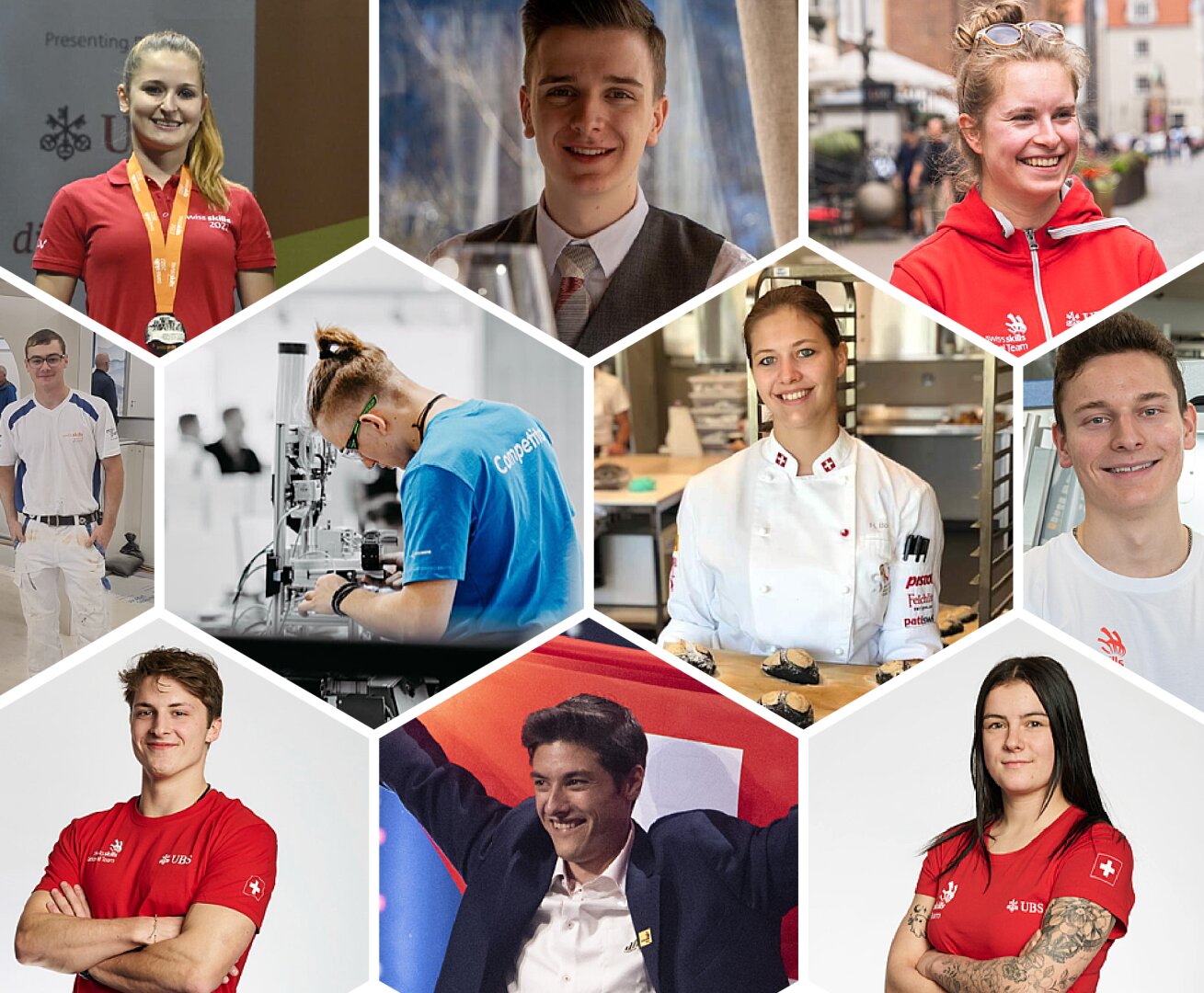 Eine Collage von zehn jungen Berufstätigen, einige in Uniformen, Laborkitteln oder Kochkleidung, die selbstbewusst lächeln. Die Bilder in der Mitte und am Rand zeigen Männer und Frauen aus verschiedenen Berufen und Umfeldern, die die unterschiedlichen Karrierewege symbolisieren.