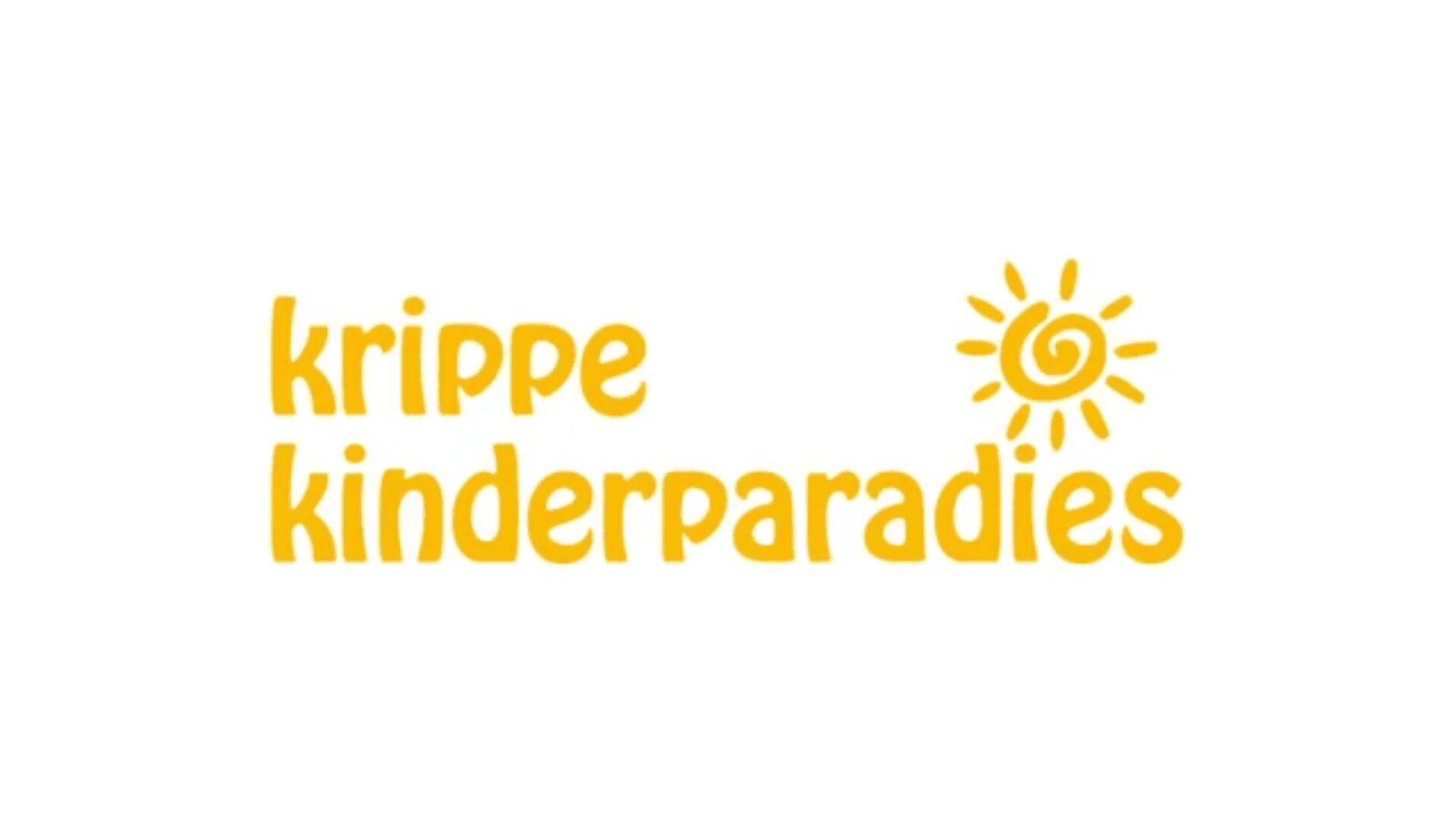 Der gelbe Text auf weißem Hintergrund lautet "krippe kinderparadies", mit einer Zeichnung einer Sonne über dem Buchstaben "a" in "kinderparadies". Die Schrift ist abgerundet und verspielt, was auf ein kinderfreundliches Thema hindeutet.