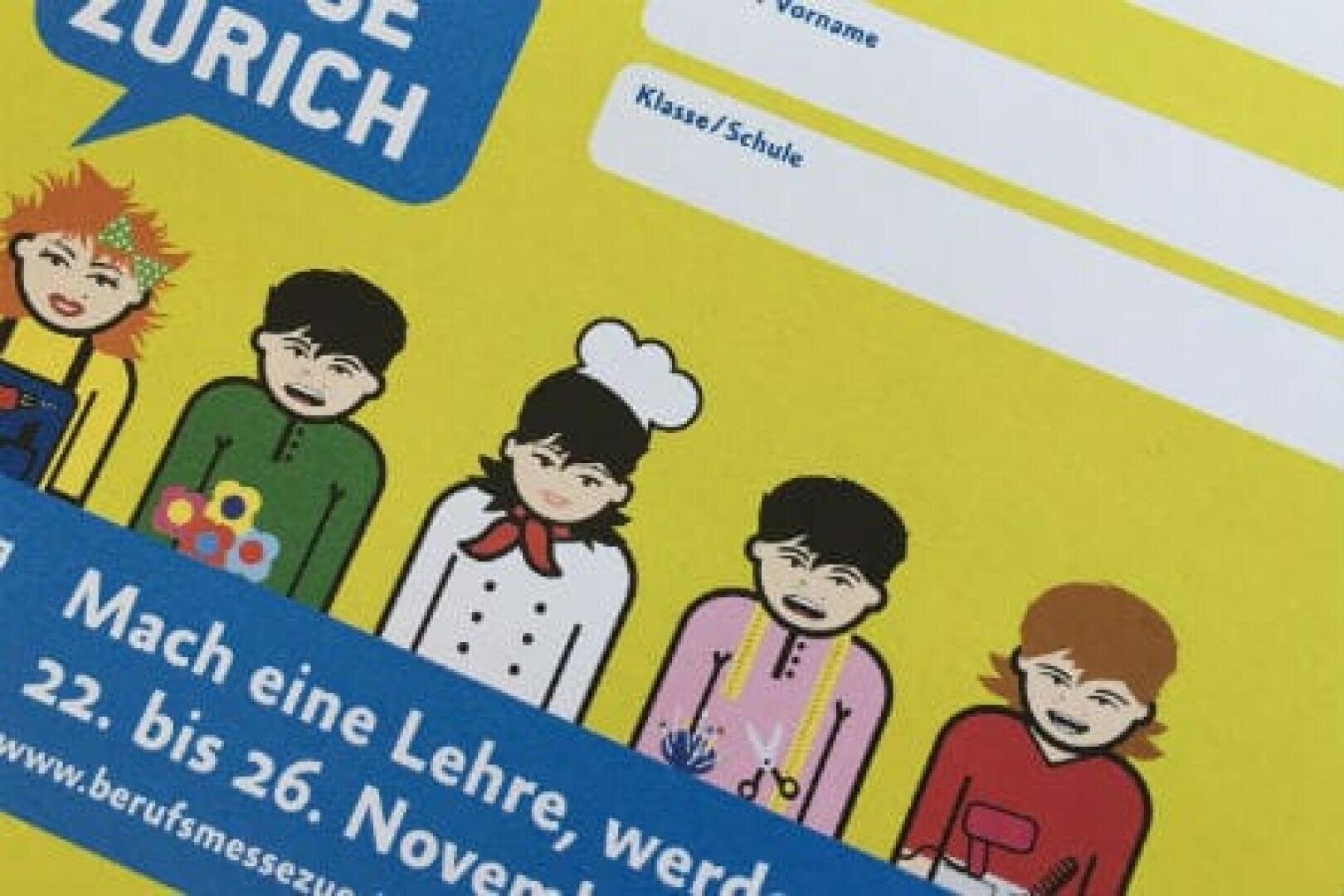 Illustration von fünf Cartoon-Personen in verschiedenen Arbeitsuniformen auf gelbem Hintergrund, neben deutschem Text über eine Karrieremesse, mit leeren Feldern für Name und Schule am oberen Rand.