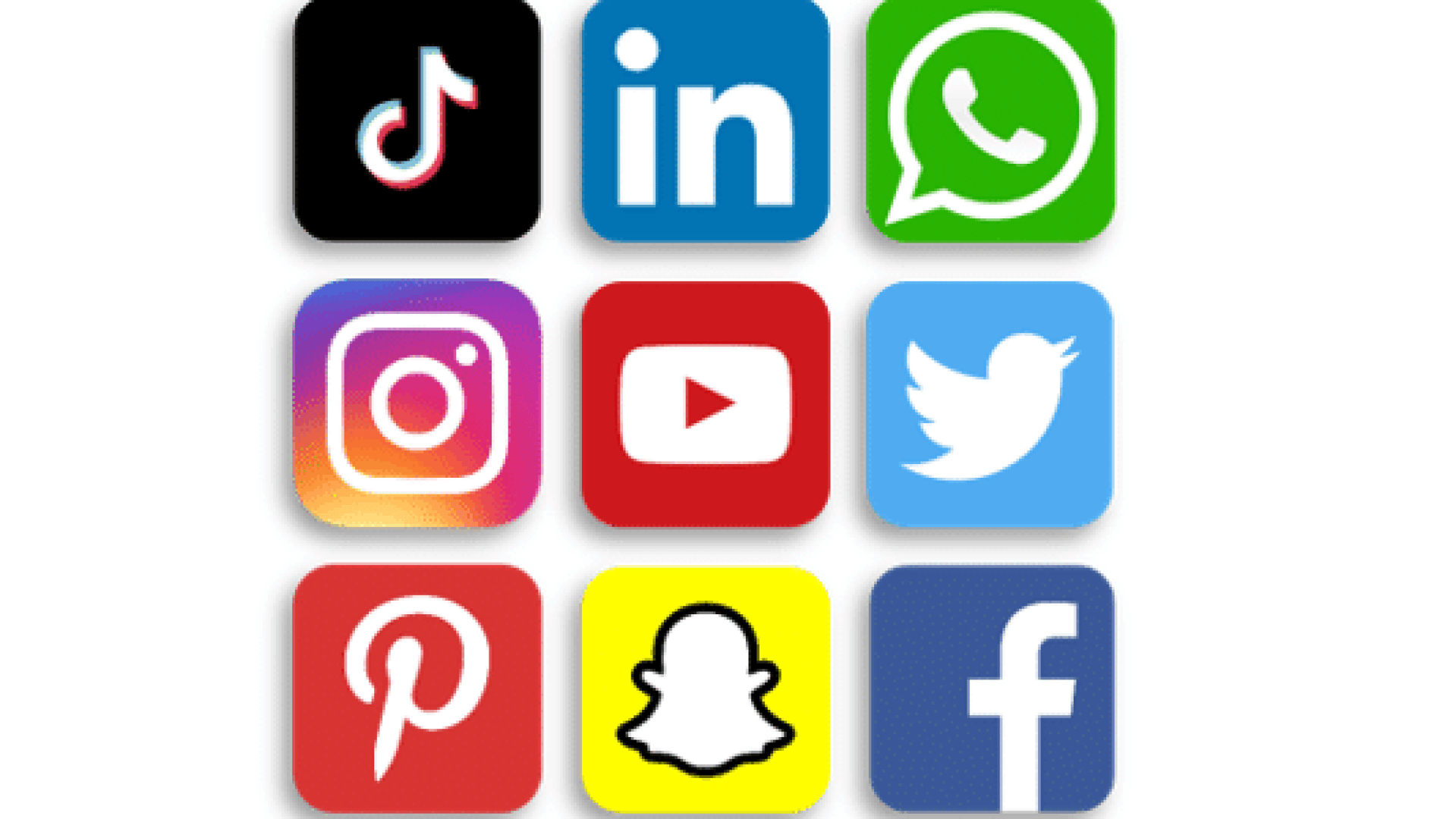 Ein Raster aus neun beliebten Social-Media-App-Symbolen: TikTok, LinkedIn, WhatsApp, Instagram, YouTube, Twitter, Pinterest, Snapchat und Facebook auf einem weißen Hintergrund.