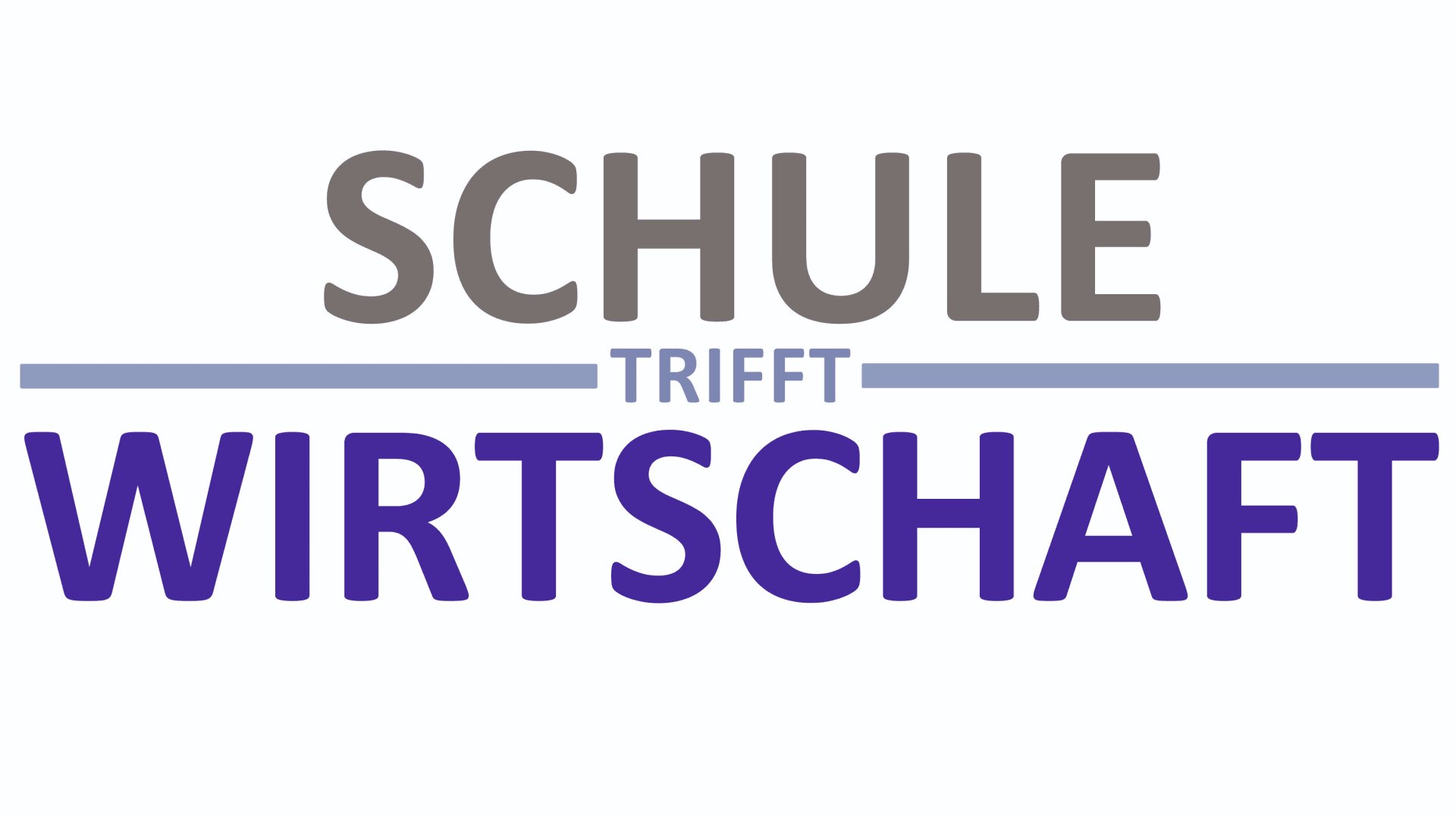 Logo mit den deutschen Worten SCHULE trifft WIRTSCHAFT in fetten Buchstaben. SCHULE ist grau, trifft ist hellblau, und WIRTSCHAFT ist dunkelblau, getrennt durch eine dünne horizontale Linie.