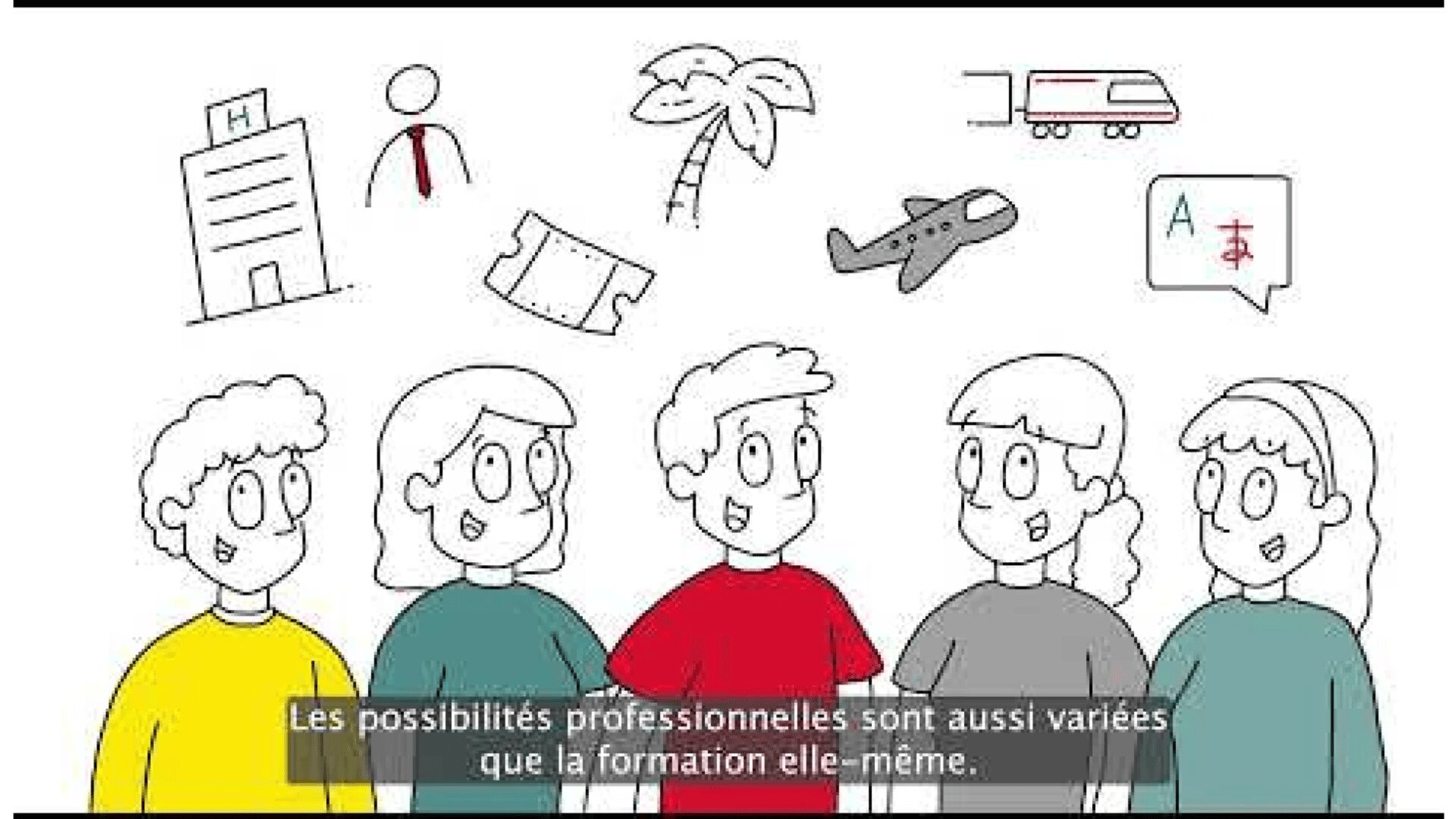 Fünf illustrierte Personen stehen zusammen, lächeln und unterhalten sich. Über ihnen sind Zeichnungen eines Krankenhauses, einer Krawatte, eines Tickets, einer Palme, eines Flugzeugs, eines Zugs und eines Übersetzungssymbols zu sehen. Französische Untertitel befinden sich am unteren Rand des Bildes.