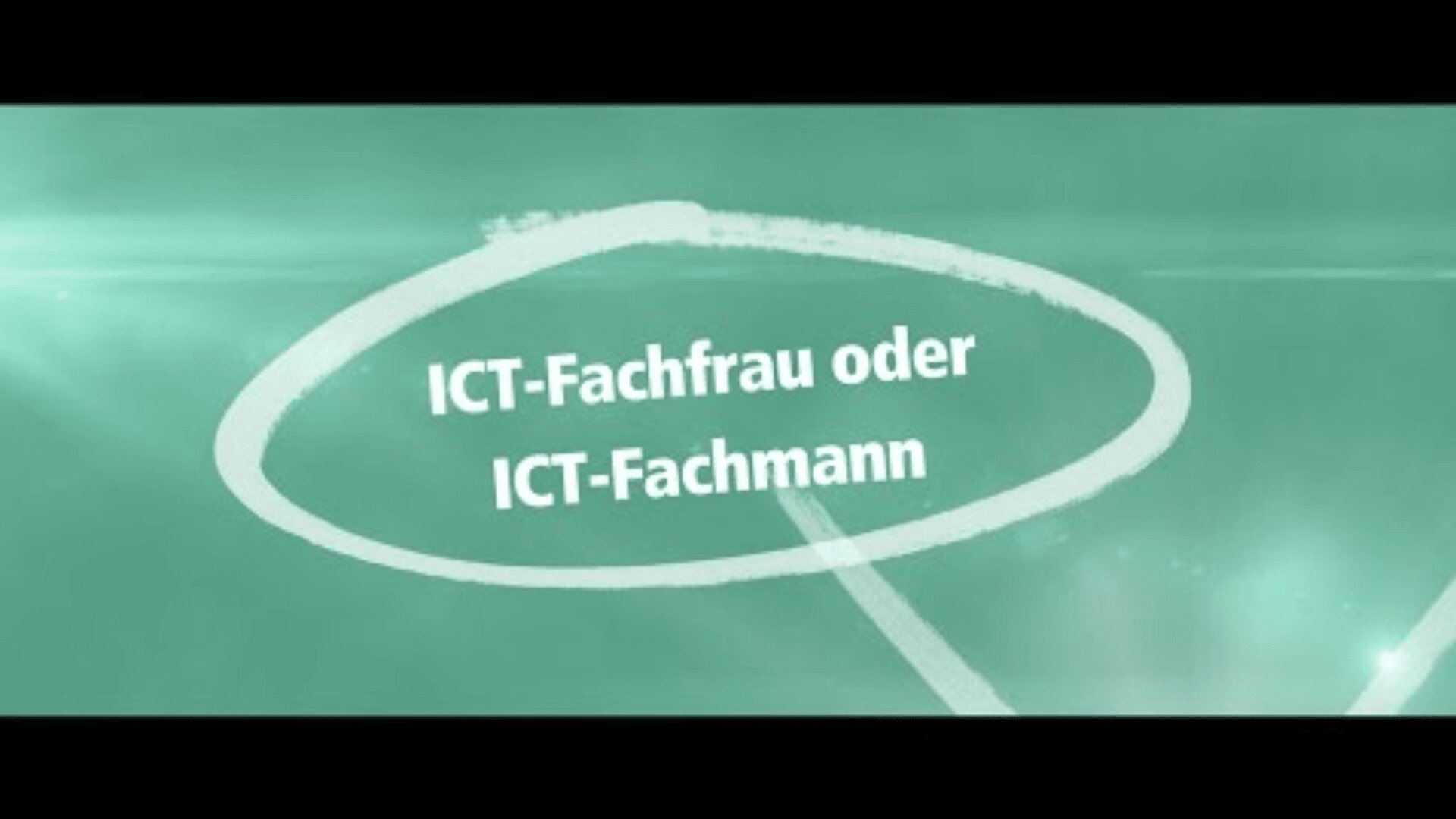 Grüner Hintergrund mit einer weißen ovalen Form, die den deutschen Text ICT-Fachfrau oder ICT-Fachmann hervorhebt, was übersetzt so viel bedeutet wie ICT-Fachfrau oder ICT-Fachmann.