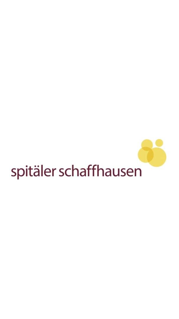 Logo für Spitäler Schaffhausen mit violettem Text auf weißem Hintergrund und drei sich überlappenden gelben Kreisen, die ein stilisiertes Muster auf der rechten Seite des Textes bilden.