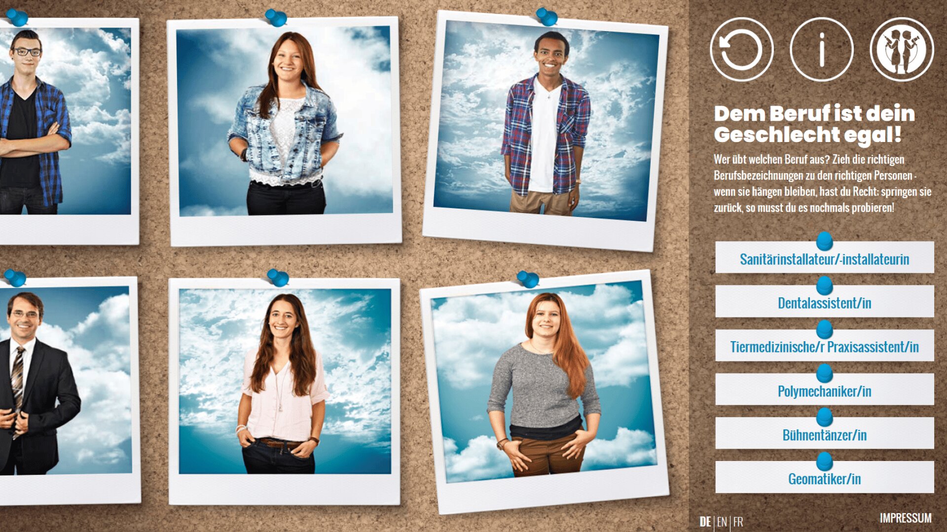 Sechs Personen unterschiedlichen Geschlechts und Aussehens werden lächelnd vor einem blauen Himmelshintergrund gezeigt, jede in einem eigenen Rahmen im Polaroid-Stil. Der Text wirbt für die Gleichstellung der Geschlechter in verschiedenen Gesundheits- und technischen Berufen.