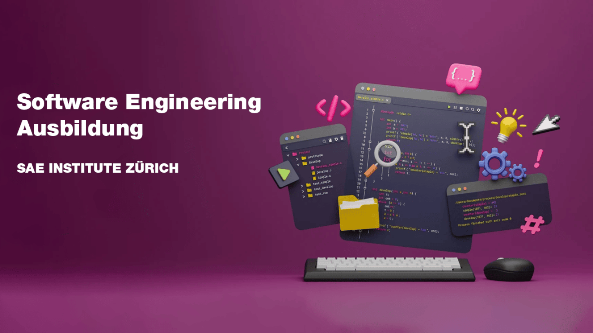 Eine 3D-Illustration mit schwebenden Computerbildschirmen, Code und technischen Symbolen neben dem Text "Software Engineering Ausbildung, SAE Institute Zürich" auf lila Hintergrund, mit einer Tastatur und einer Maus am unteren Rand.