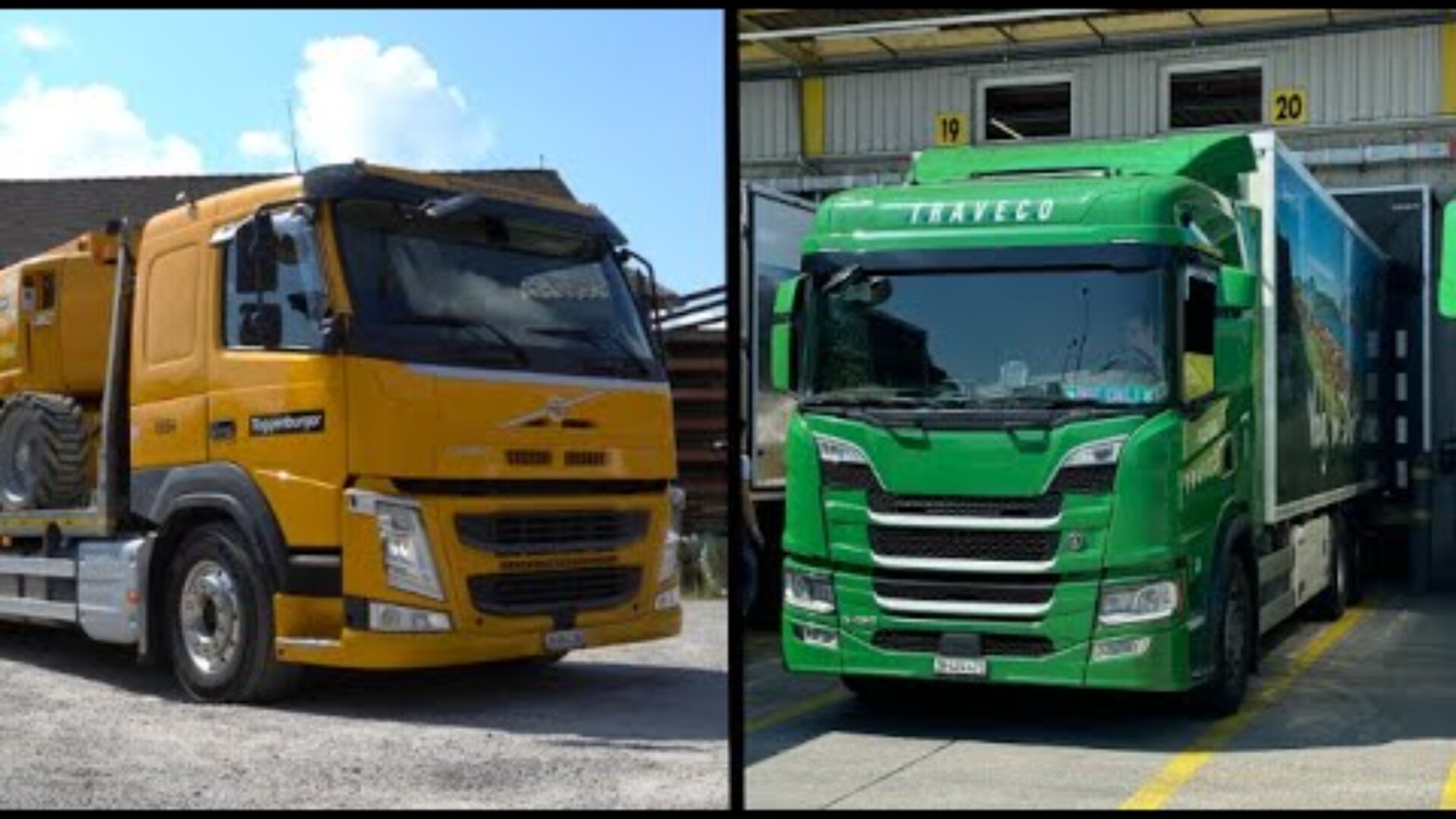 Ein geteiltes Bild zeigt links einen gelben Volvo-Kipper, der im Freien geparkt ist, und rechts einen grünen Scania-Sattelschlepper, der rückwärts an eine Laderampe gefahren ist.