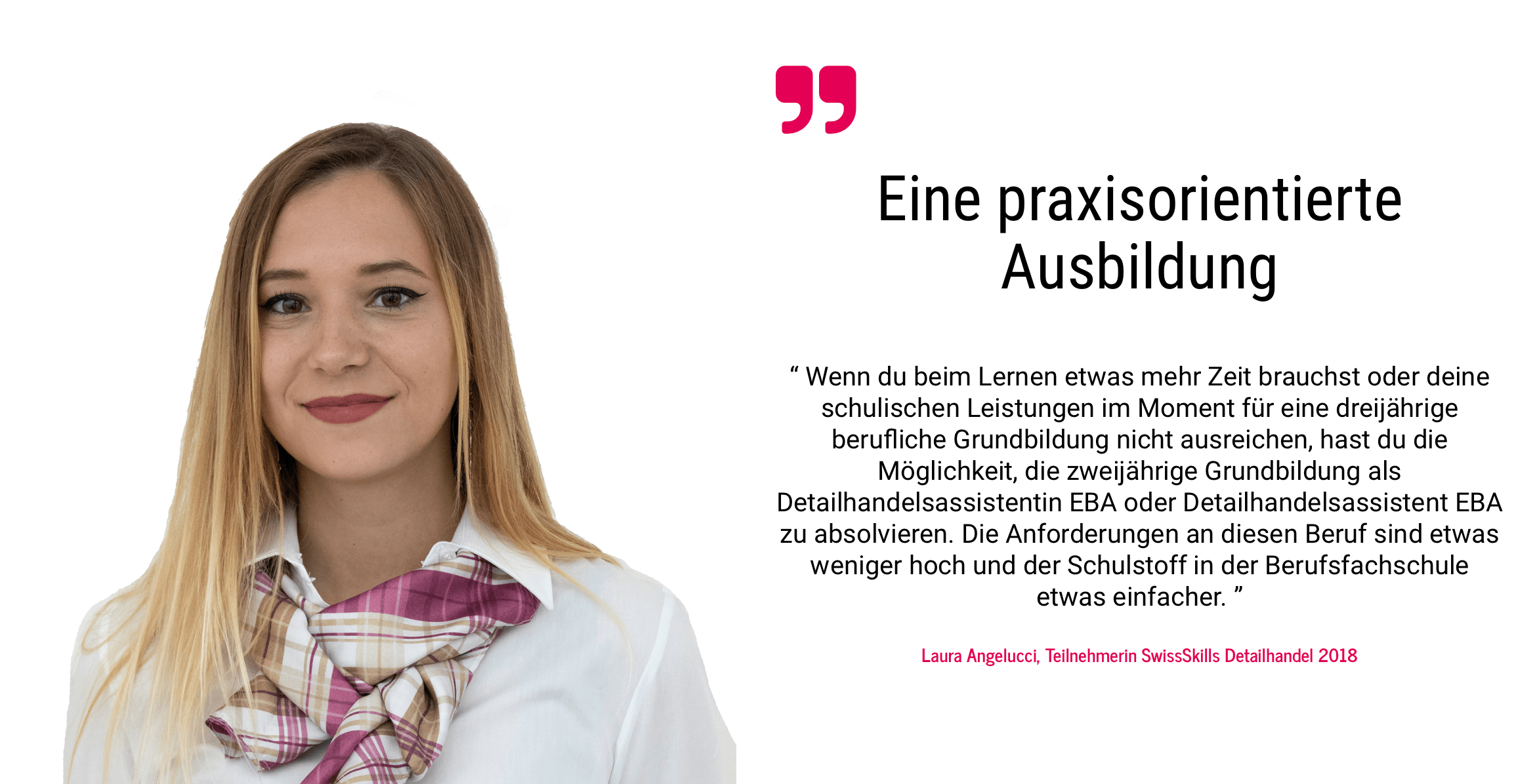 Eine junge Frau mit langen braunen Haaren und einem karierten Schal lächelt in die Kamera. Neben ihr wird in einem deutschen Text auf die Vorteile einer praktischen, praxisnahen Berufsausbildung hingewiesen.