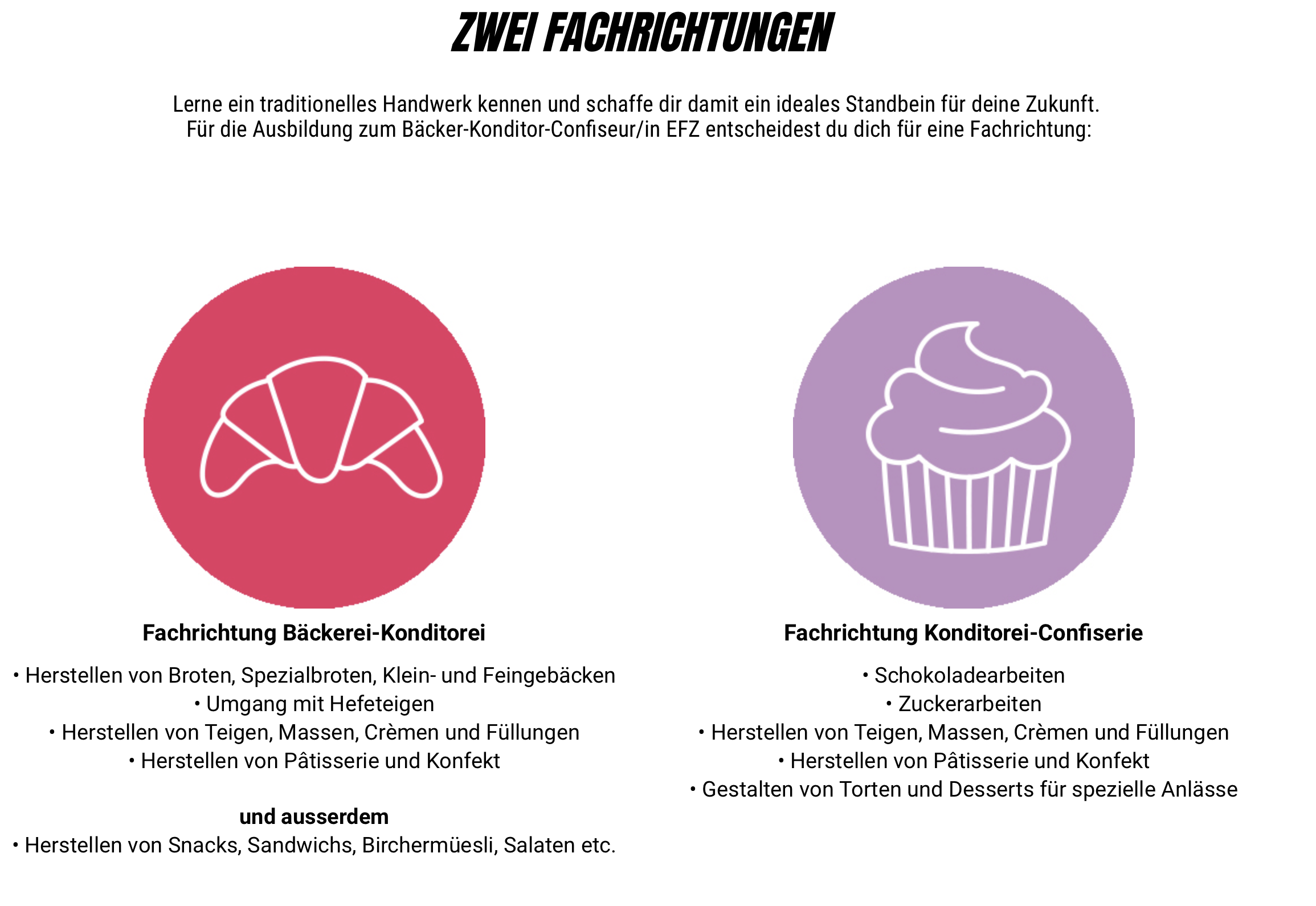 Zwei Kreise mit Symbolen: ein Croissant in einem roten Kreis für die Ausbildung zum Bäcker/Konditor und ein Cupcake in einem lila Kreis für die Ausbildung zum Konditor. In jedem Abschnitt sind die entsprechenden Fähigkeiten und Produkte auf Deutsch aufgeführt.