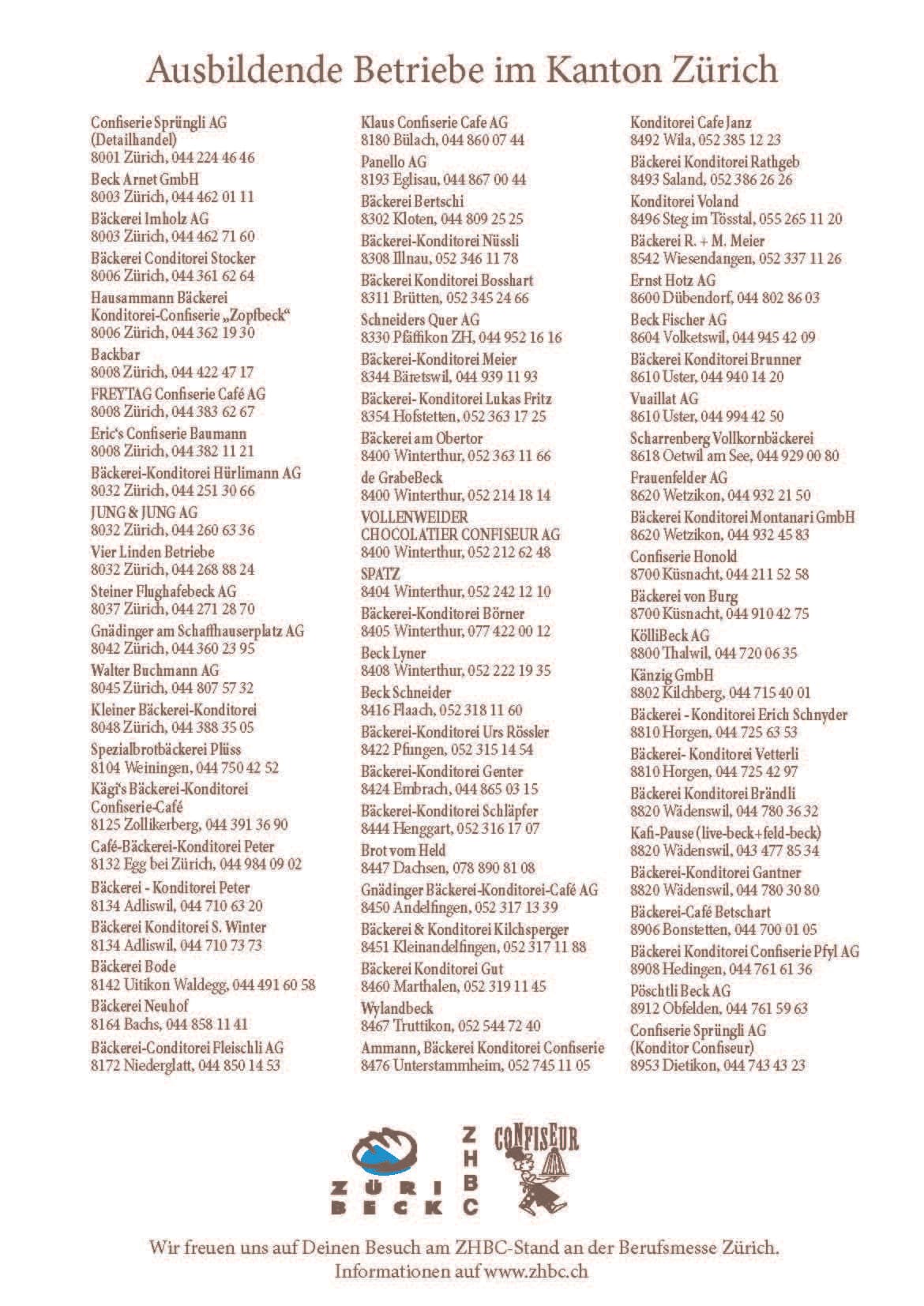 Liste der Konditorei- und Bäckereibetriebe im Kanton Zürich, die Lehrstellen anbieten, gegliedert in vier Spalten mit Firmennamen, Adressen und Kontaktangaben sowie Logos und Website-Infos am Ende.