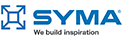 SYMA-Logo mit einem blauen geometrischen Symbol auf der linken Seite und dem Wort SYMA in fetten blauen Buchstaben. Darunter lautet der Slogan "We build inspiration".